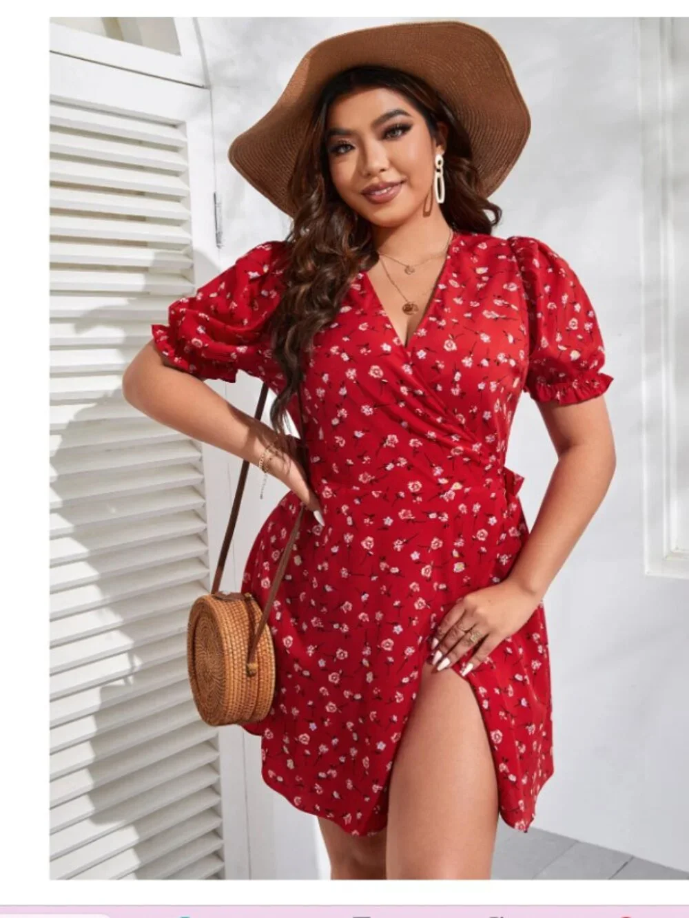 SHEIN Boho Ditsy Floral Print Puff Sleeve Knot Side Wrap Dress Size 0XL Short